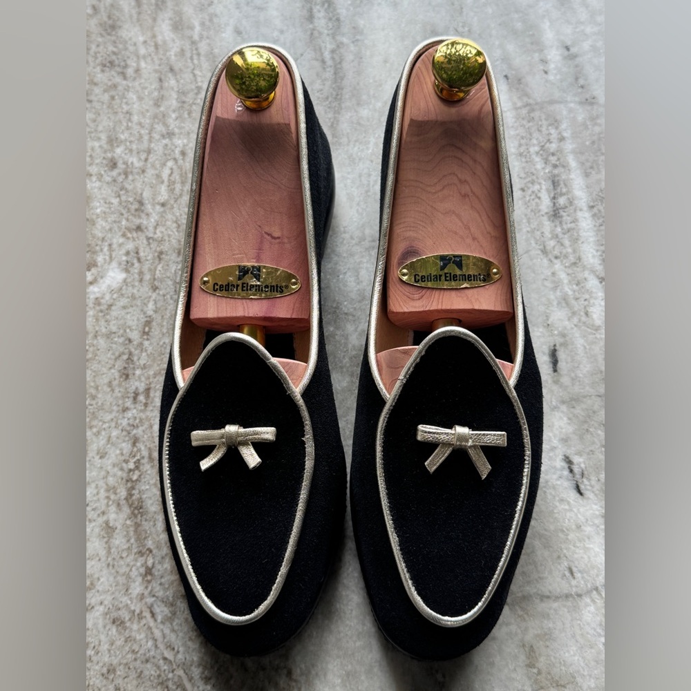 Belgian Shoes Midinette Slippers Black Suede & Gold Trim Loafers 6 Flats Bow Tie